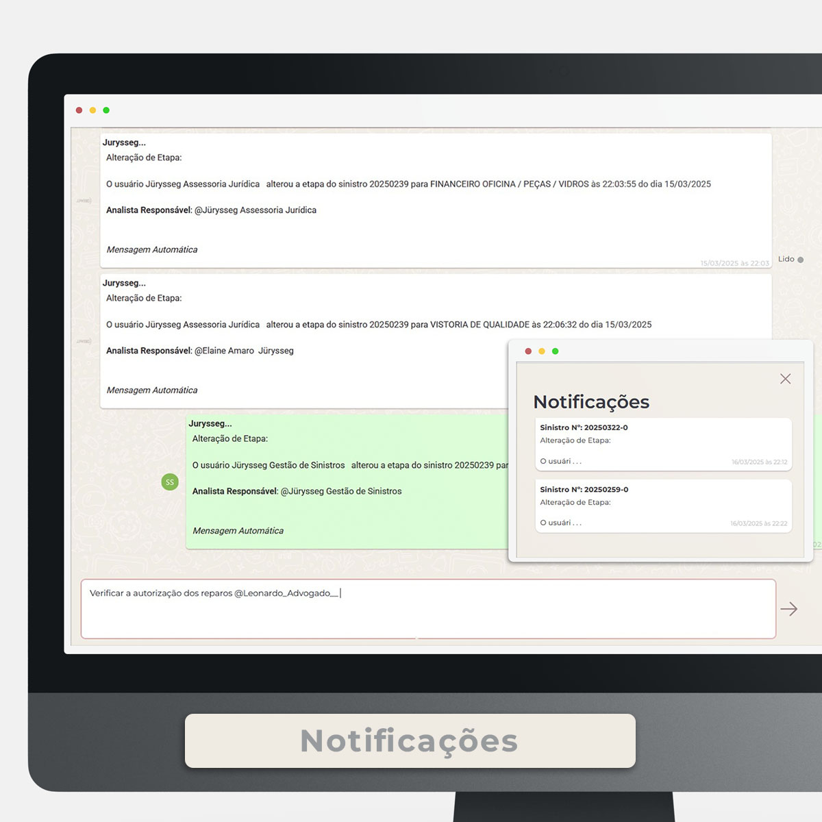 sistema de sinistro com notificações e chat