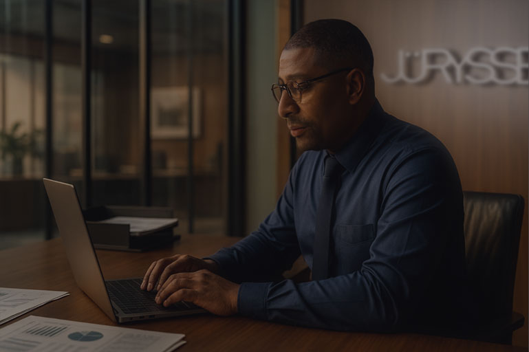 Leonardo Ramos Fundador da Jurysseg gestao em sinistros acessando a plataforma de sinistros e prestando assessoria juridica online para sinistro através de um laptop